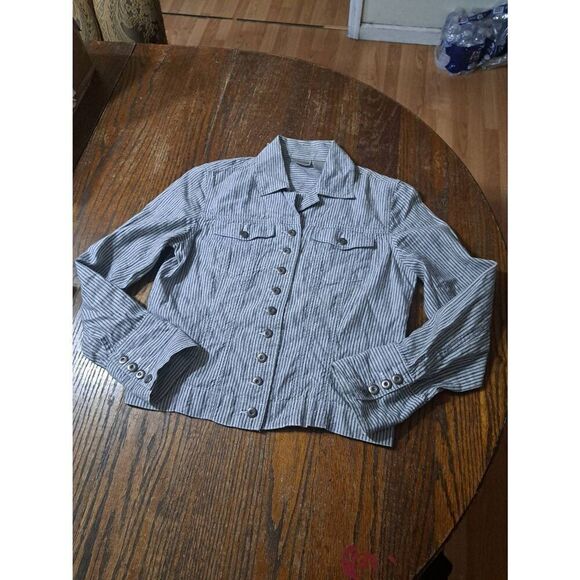 Sz 4 XS Chicos 0 Railroad Stripe Black White Long Sleeve Button Shirt Blouse Top - Picture 1 of 6